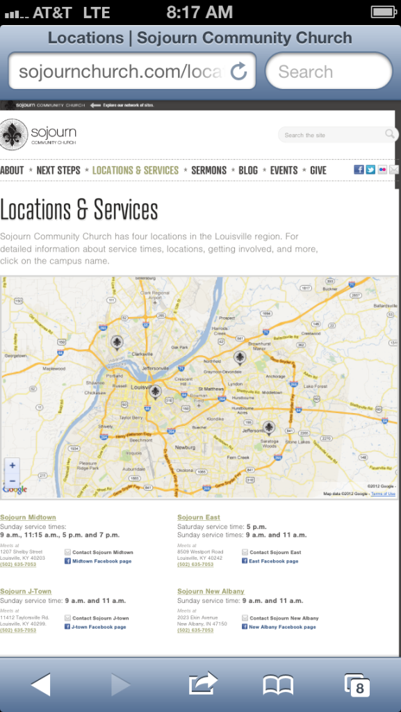 Locations and Service Times page for Sojourn Community Church website (sojournchurch.com)